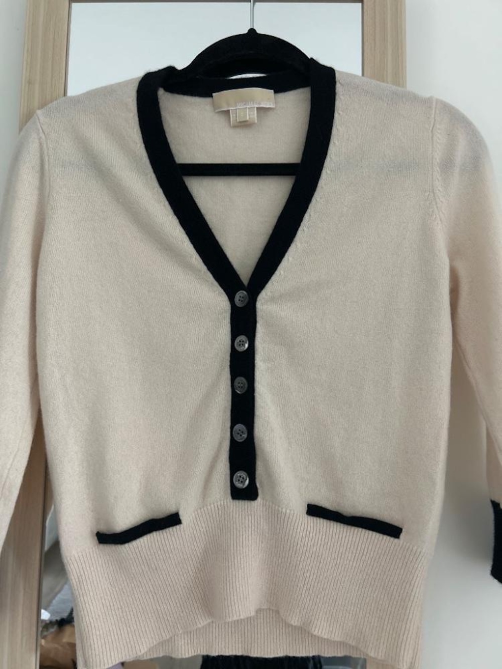 Michael Kors Italian Cashmere Cream Faux Cardigan with Black Trim Small EUC